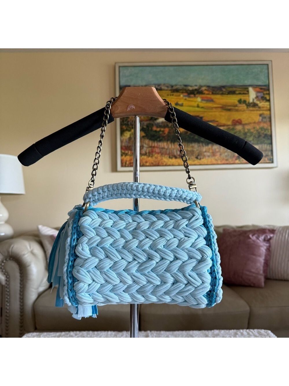 Handmade shirt yarn crochet Blue Chain Shoulder Bag - Picture 3 of 3